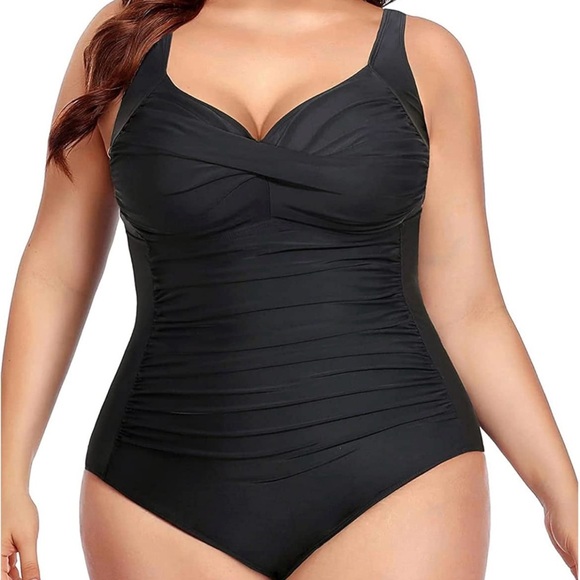 Yonique Women One Black Swimsuit Tummy Control Bathing Suit‎ Twist Front Ruched - Picture 1 of 8